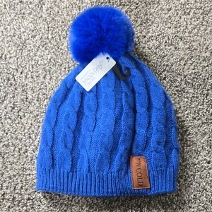 Joules Royal Blue Kids Cable Knit Hat with Pom Pom